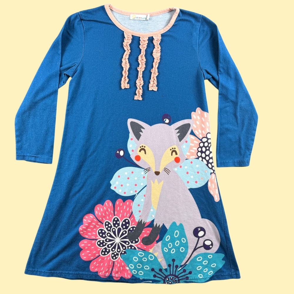 Sunshine Swing Dress Girls 6 Blue Fox Floral Ruffle Long Sleeve Everyday Cute